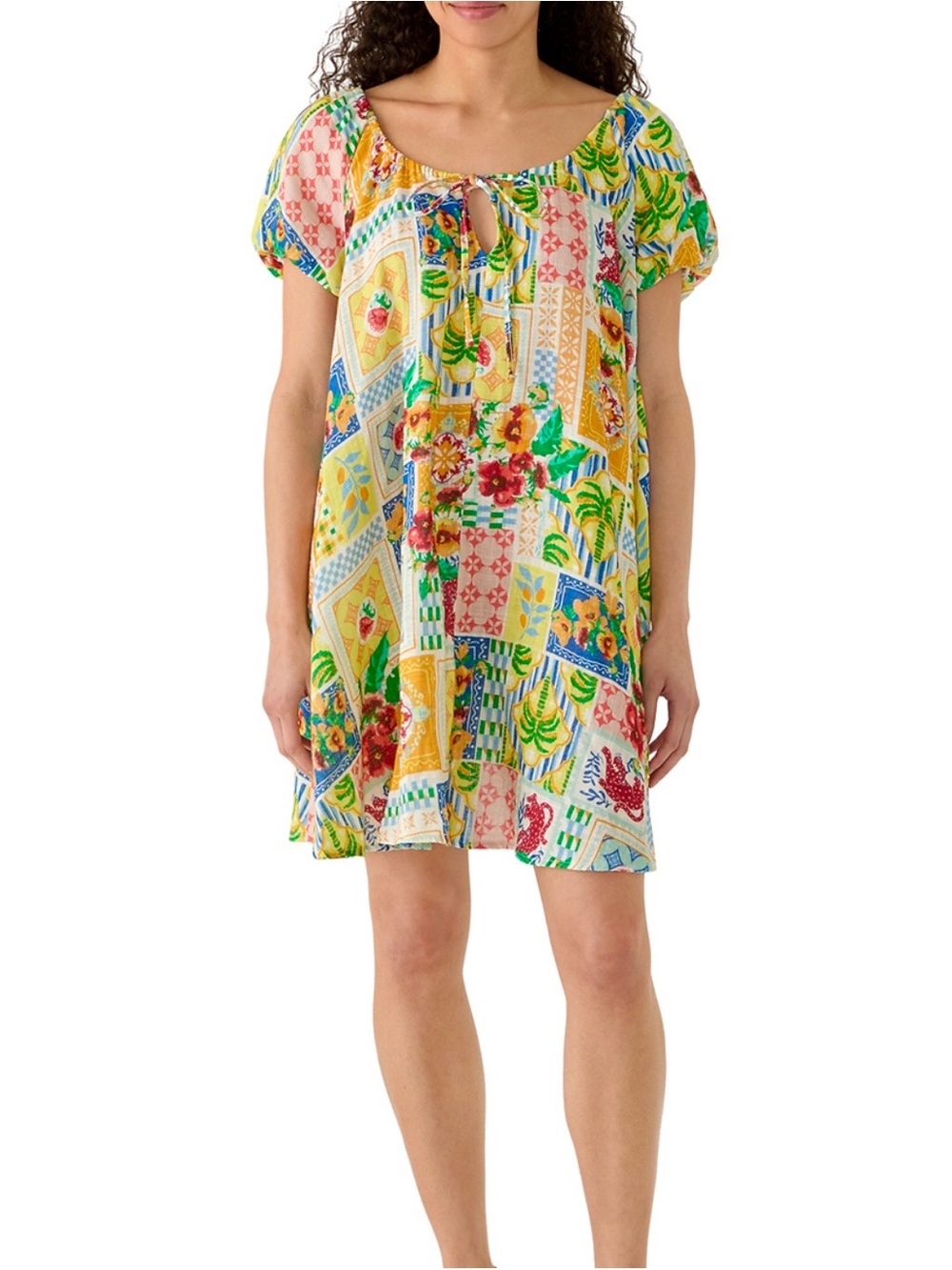 Multi-Color Patchwork Floral Boho Puff Sleeve Cotton Swing Dress ~ Med ~ NEW NWT